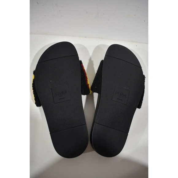 Fendi Mens Shearling Fur Logo Yellow Red Black Flat Slide Sandal Flip Flop 7 - Picture 12 of 12